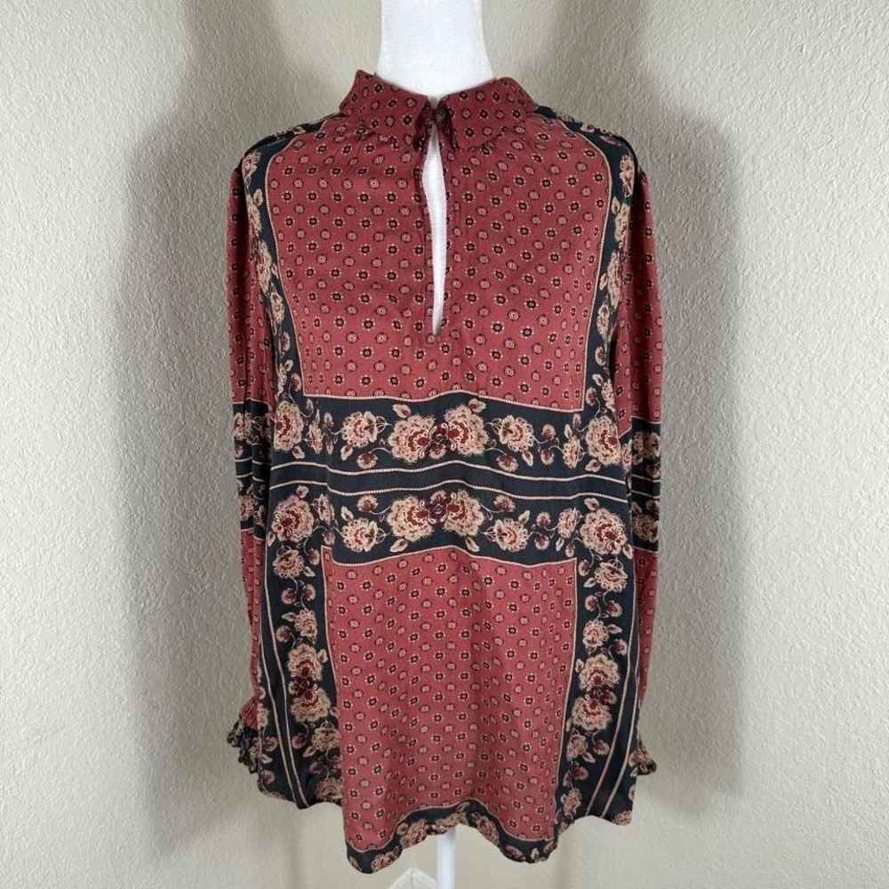 Free People Tunic Women LG Red Boho Floral Medallion Split Neck Ruffle Cuff